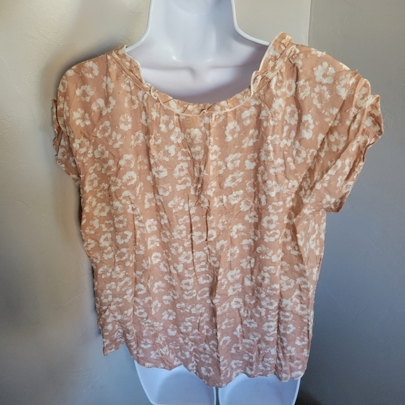 Lazy Sundays Medium Peachy Pink Short Sleeve Blouse White Floral Print Swiss Dot - Picture 4 of 6